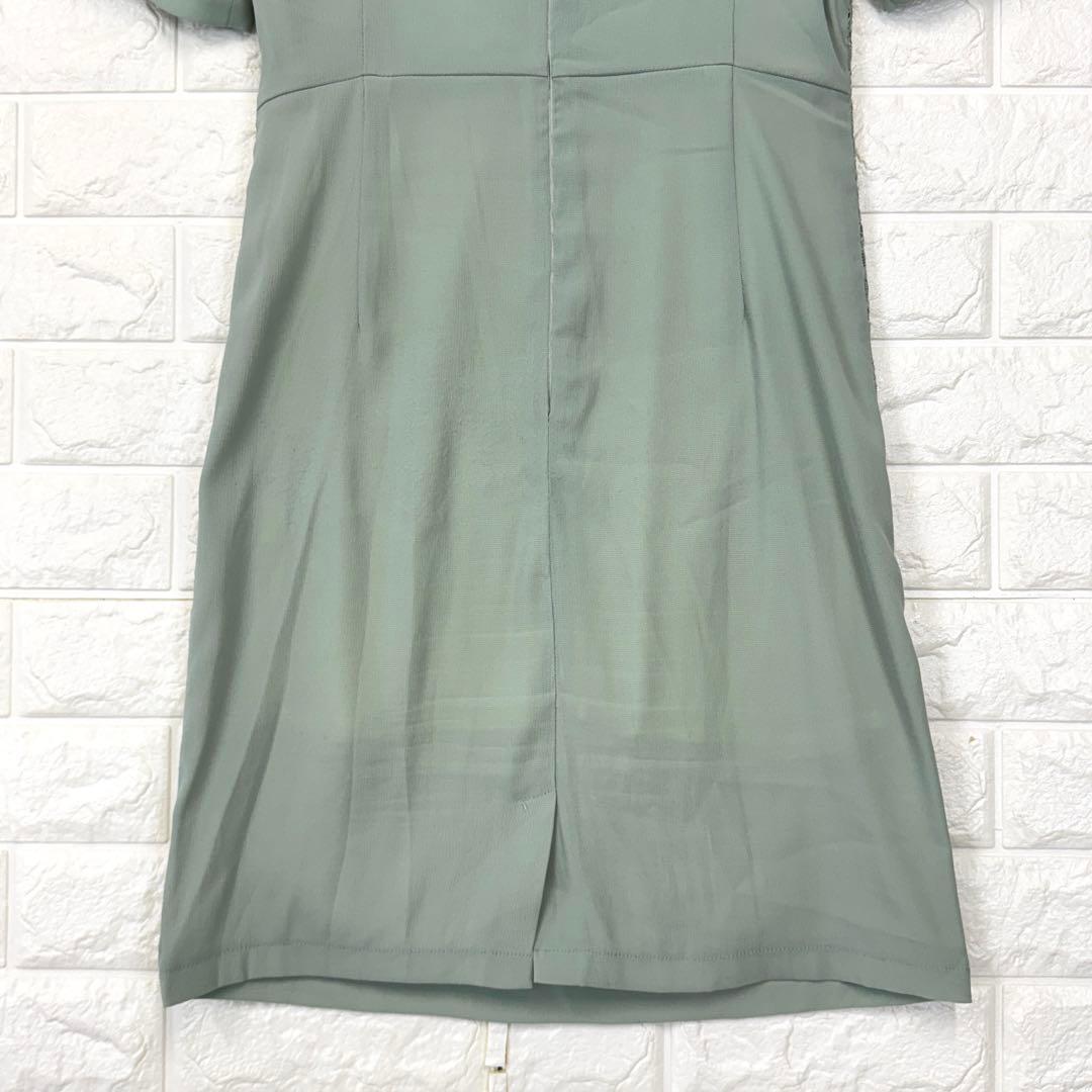 s3178ソブレ【L】緑系 リボンビジューレースワンピース 微ストレッチ 裏地付