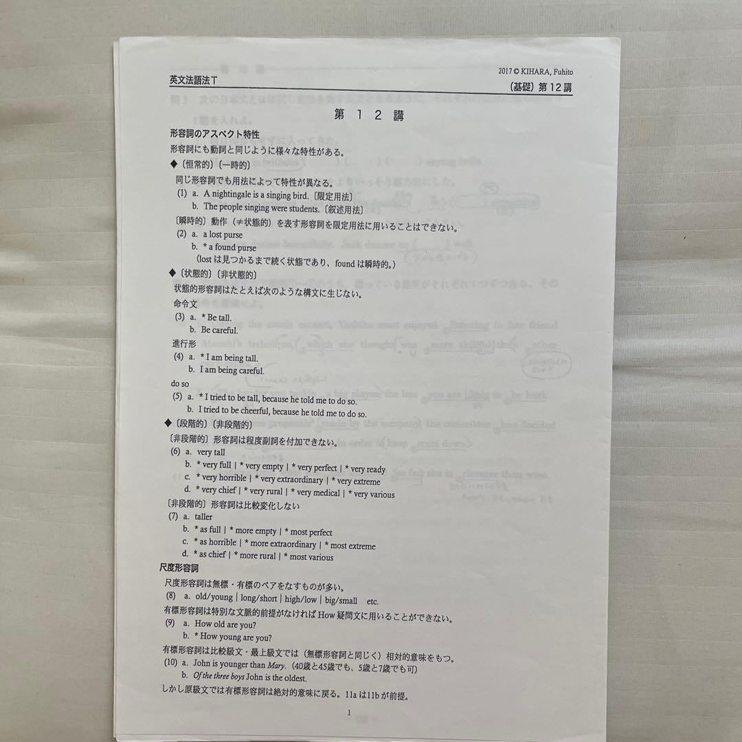 ①木原史先生　河合塾　基礎シリーズ　英文法　プリント