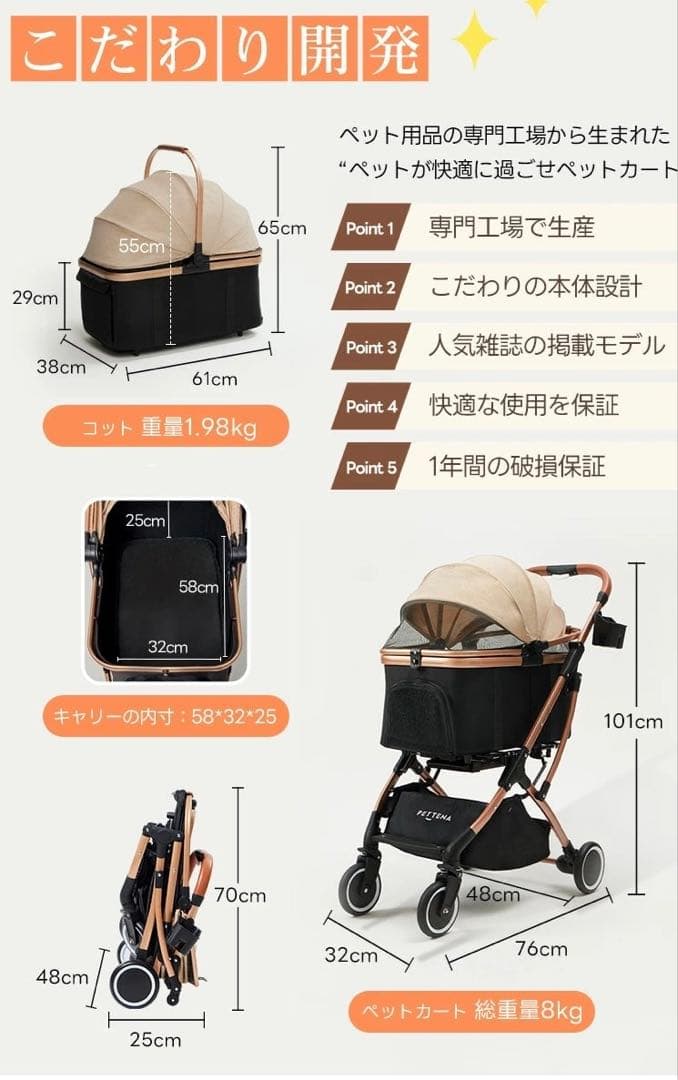 【週末限定価格】pettena Night ペテナペットカート犬用カート分離式