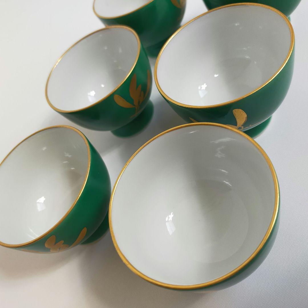煎茶道 緑地金襴手 6客セット 香蘭社 煎茶碗14-2