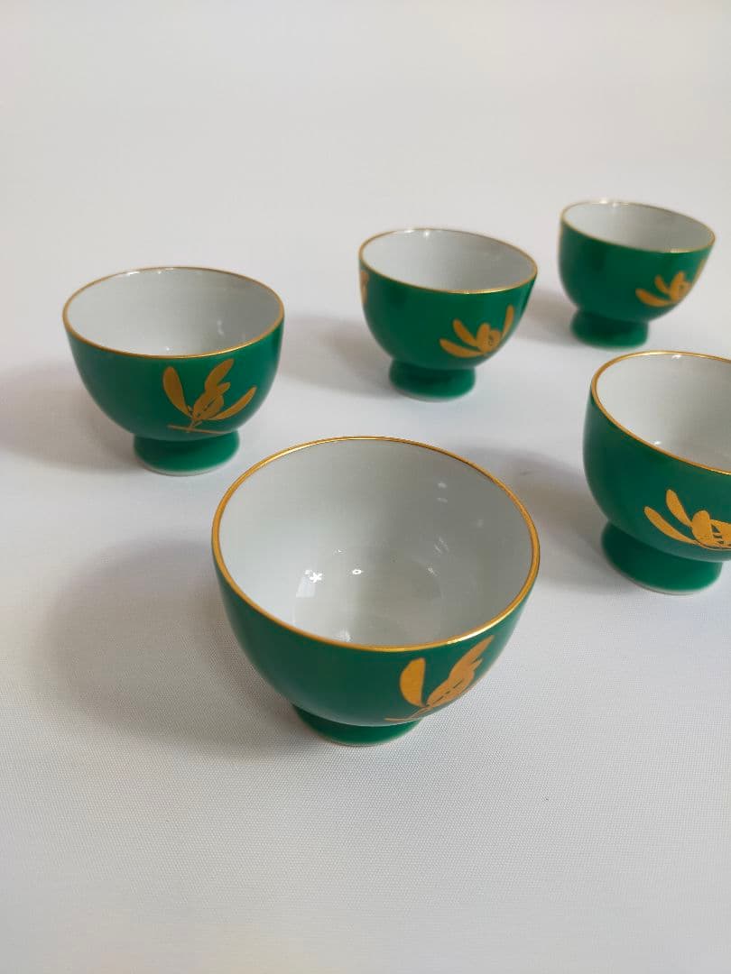 煎茶道 緑地金襴手 6客セット 香蘭社 煎茶碗14-2
