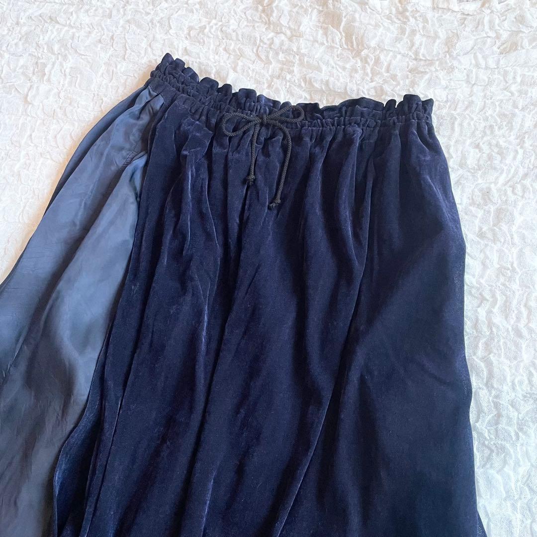 Y's ワイズ　フレアスカート　20SS ネイビー　ベロア　レイヤード　ロング