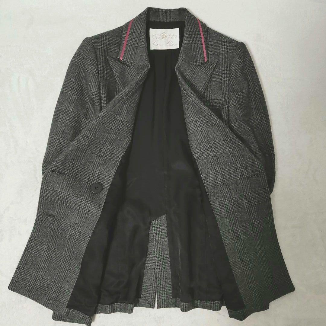 美品 グレースクラス グレンチェック ダブルジャケット 裏地ピンク 36 日本製