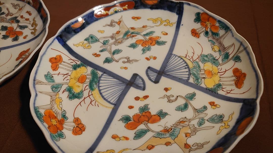 古伊万里　伊万里　色絵　扇文　華の図　蔵出し　大皿　菓子皿　２客