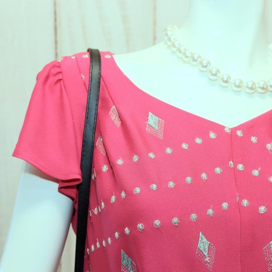 TOCCA ドレープ総柄ドレス M ローズピンク フレア ベルスリーブ 半袖