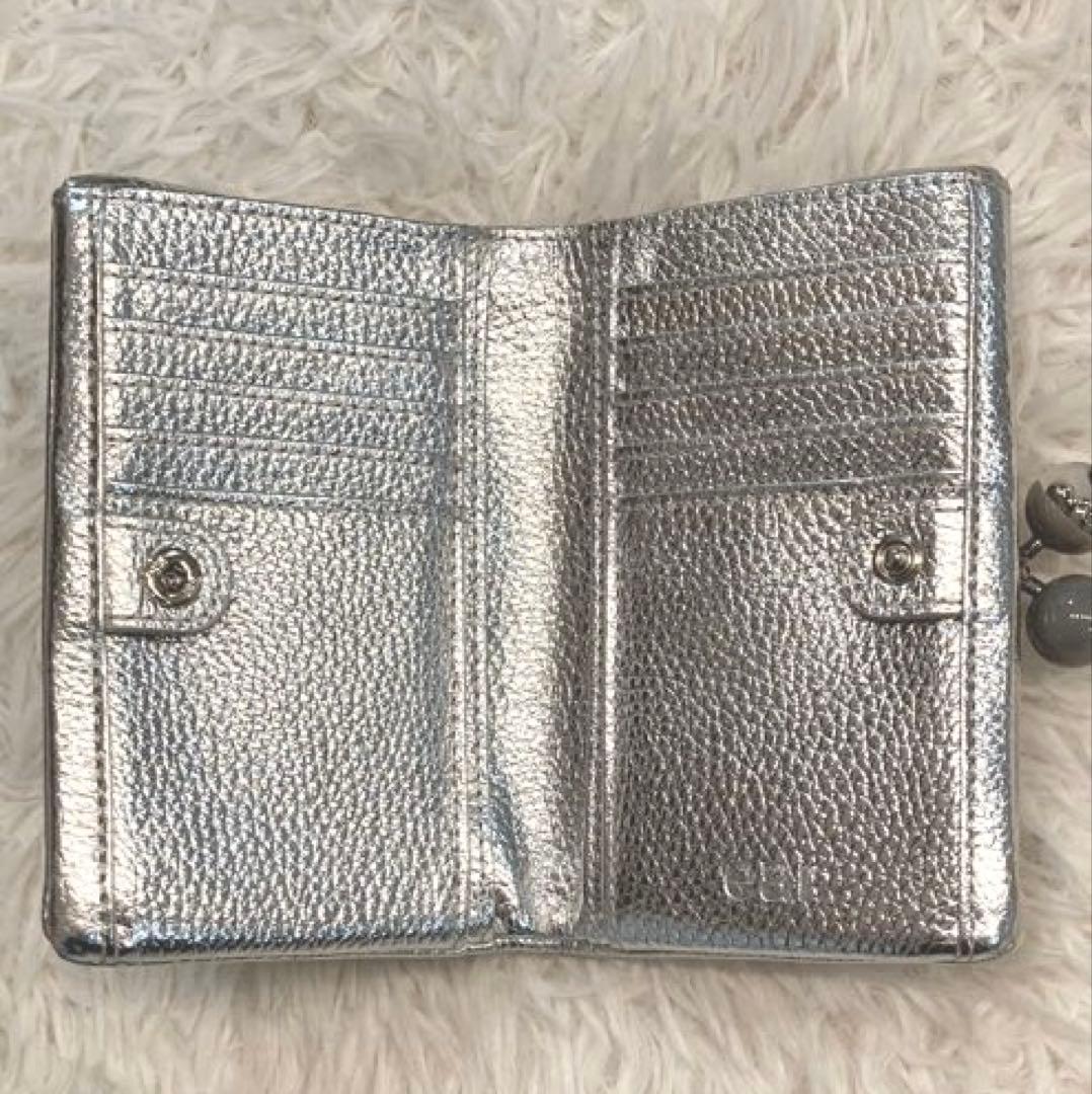 【美品】ear PAPILLONNER 牛革がま口折り財布　シルバー