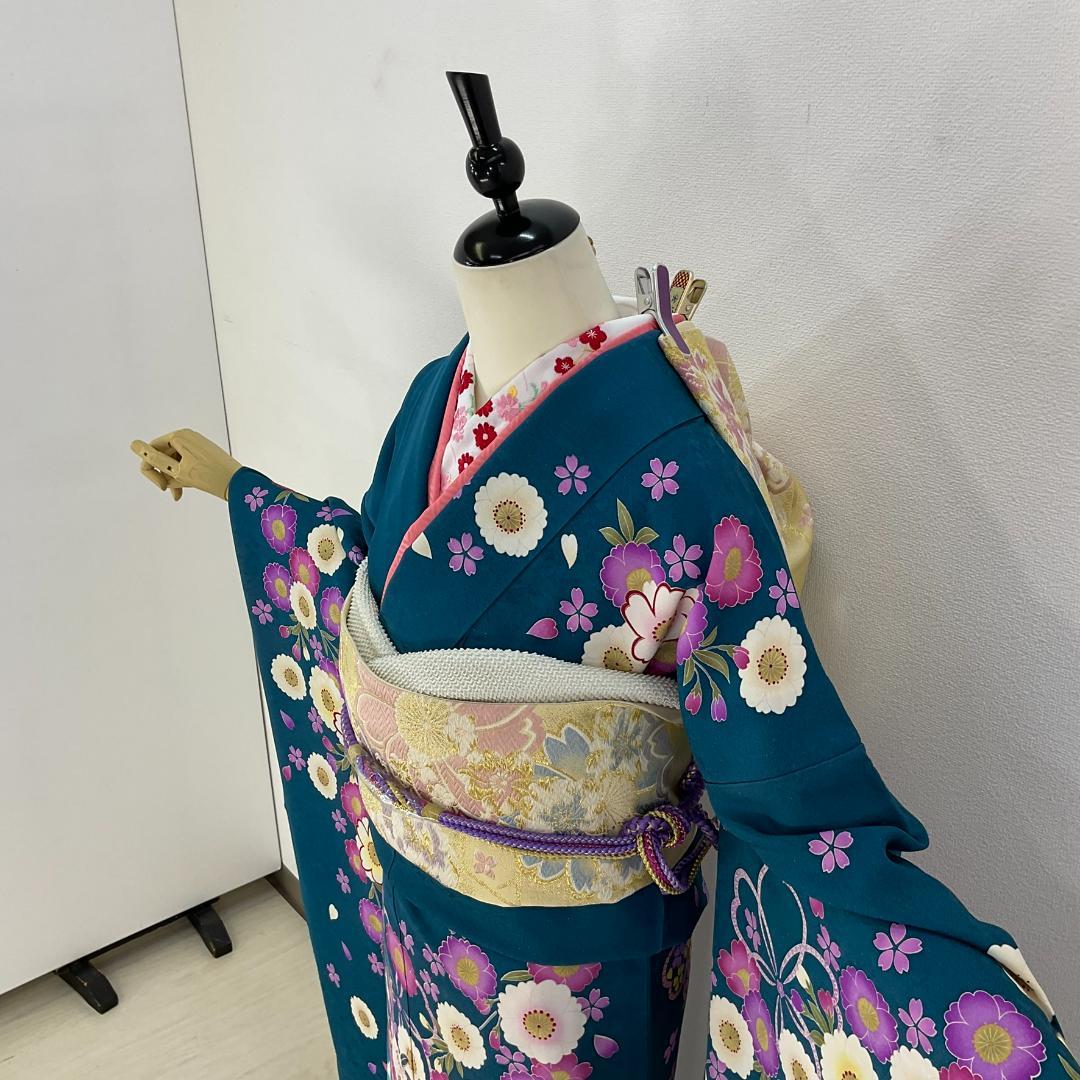 お振袖 ブルーグリーン　M～Lサイズ　正絹　美品