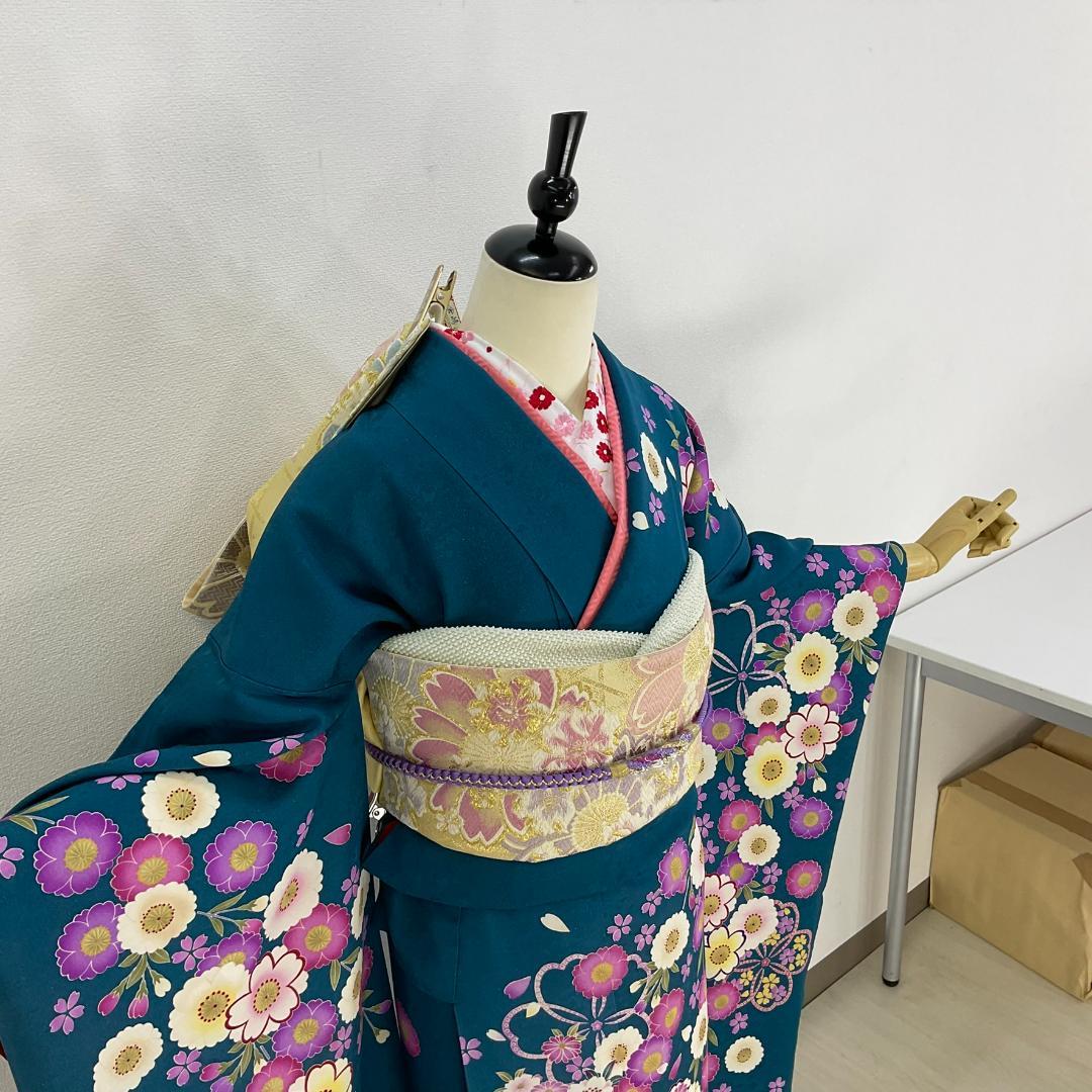 お振袖 ブルーグリーン　M～Lサイズ　正絹　美品