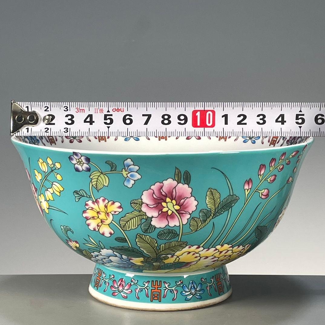 緑地琺瑯彩花碗 茶碗 景徳鎮 陶磁器 装飾品 現代工芸品 美術品 置物