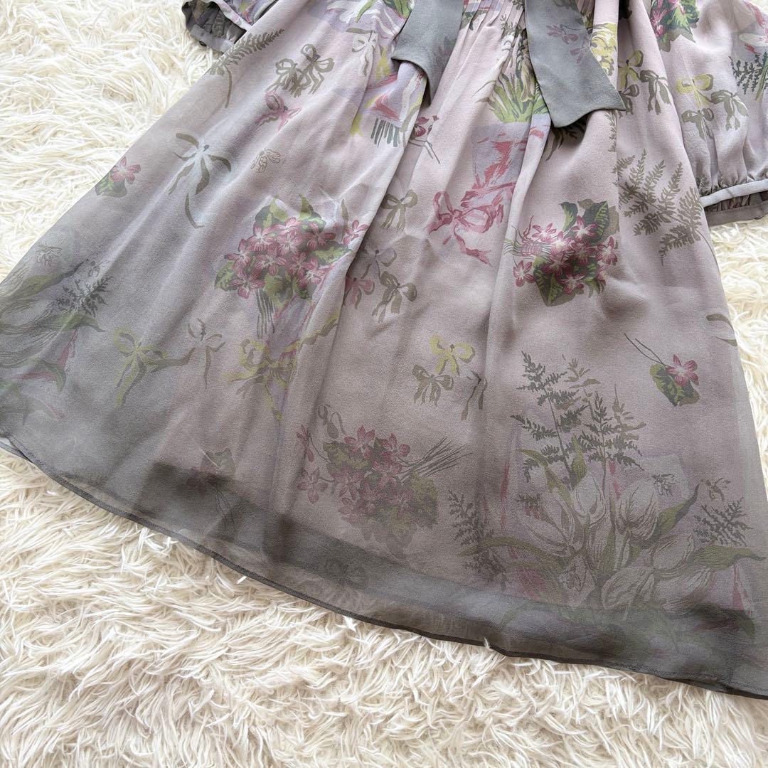 【美品】ピンタック　シルク100% シビラ　ワンピース　リボン　花柄　長袖　38