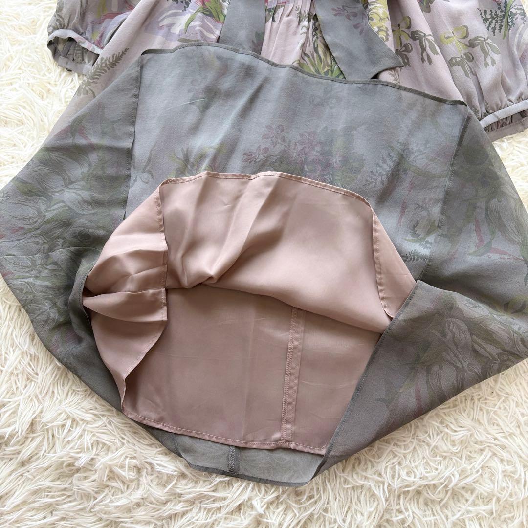 【美品】ピンタック　シルク100% シビラ　ワンピース　リボン　花柄　長袖　38