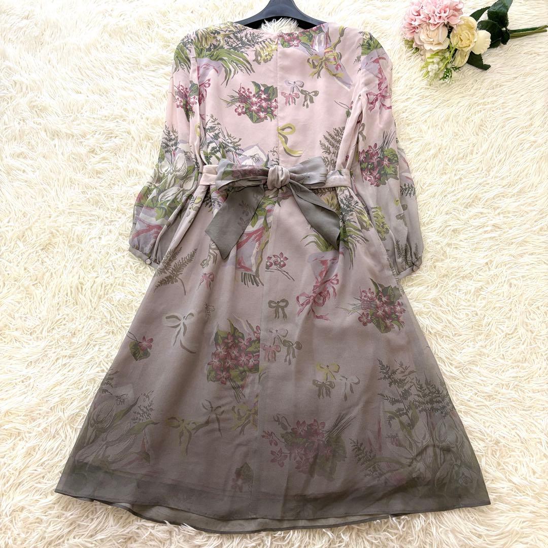 【美品】ピンタック　シルク100% シビラ　ワンピース　リボン　花柄　長袖　38