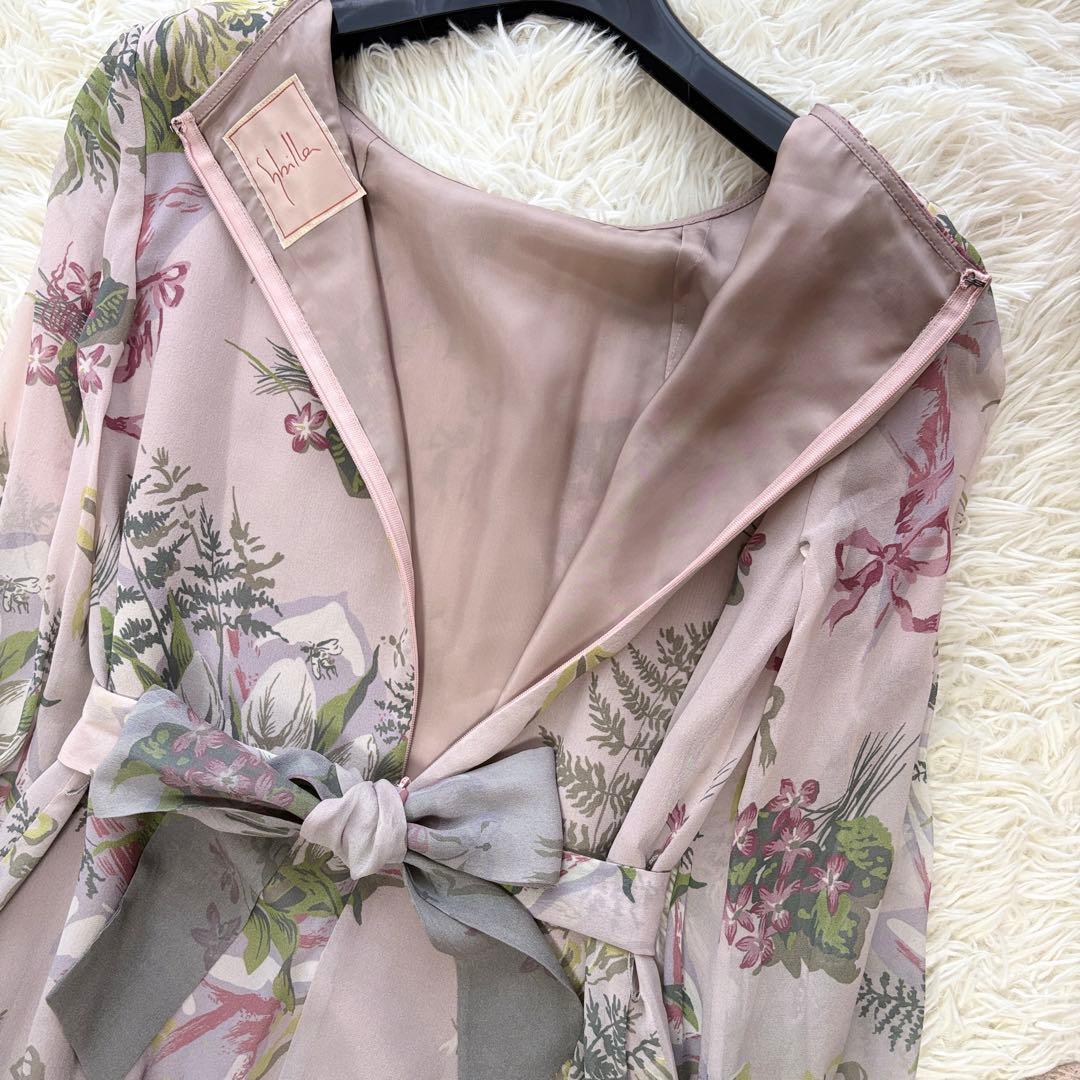 【美品】ピンタック　シルク100% シビラ　ワンピース　リボン　花柄　長袖　38