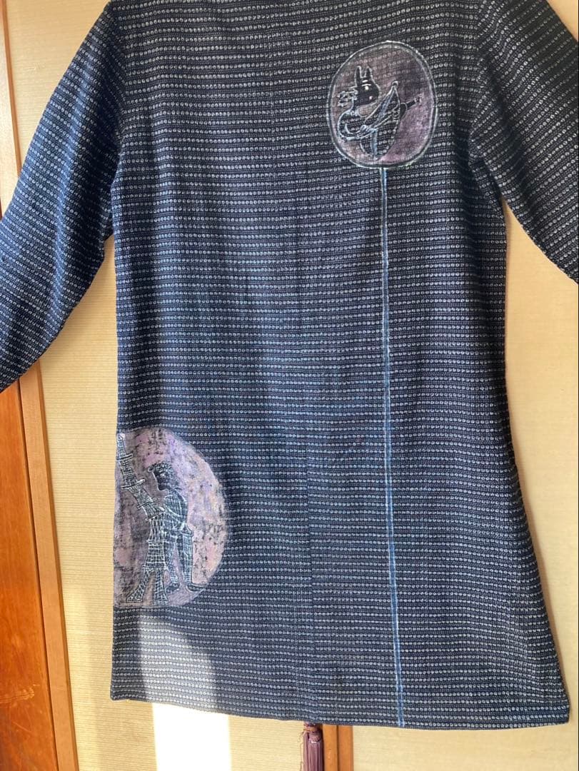 絣藍染ワンピース　作家手描き模様