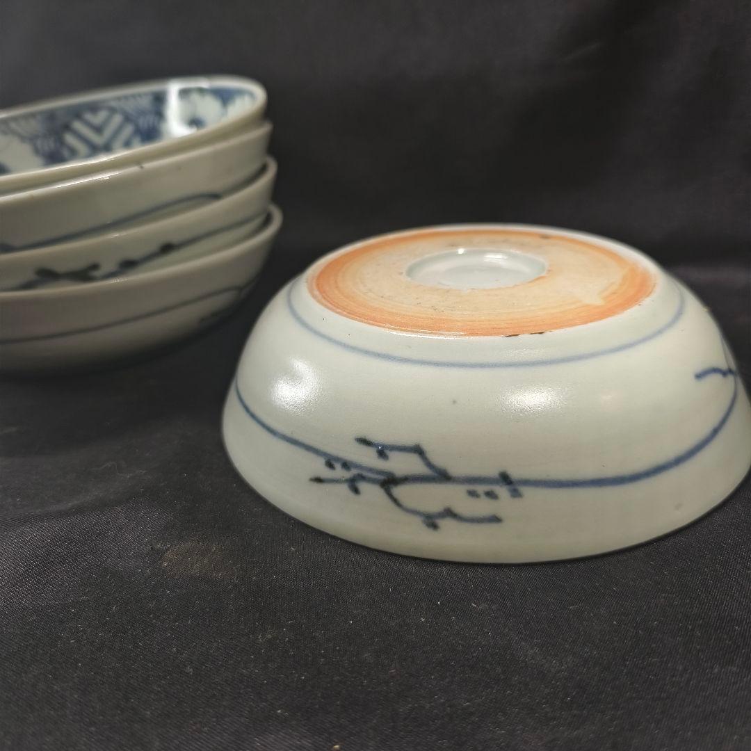 古伊万里 染付膾皿 なます皿 手描き花文 明治骨董 未使用美品 旧家蔵出し 骨董