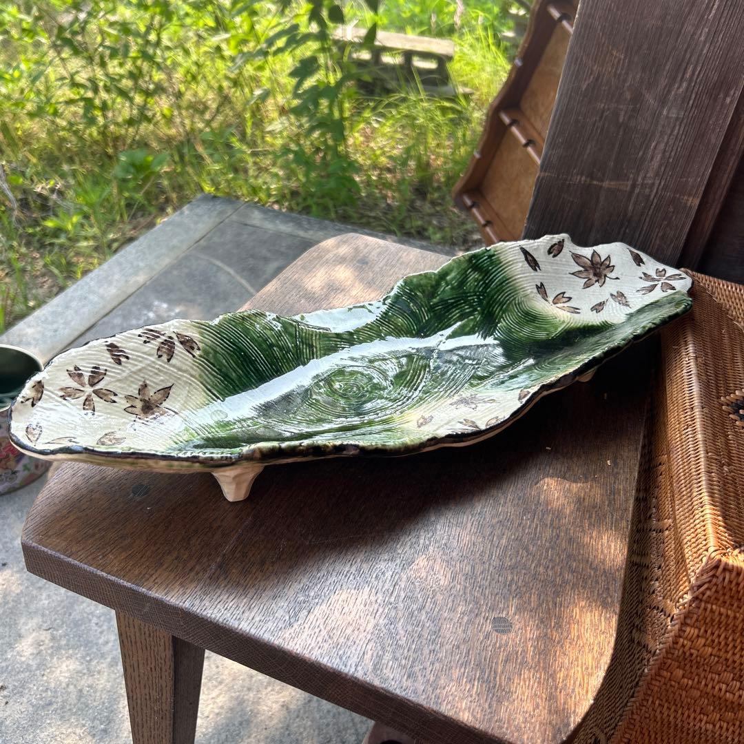 美濃焼 織部 春秋 くし目 長皿 和食器 2点