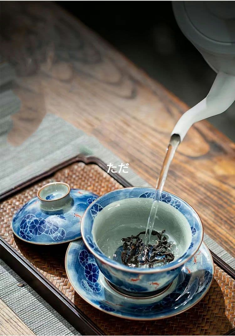 魚戯荷塘陶泥三才蓋碗 中国茶器 景徳镇 蓋付き茶器 飲茶食器 煎茶具 未使用品