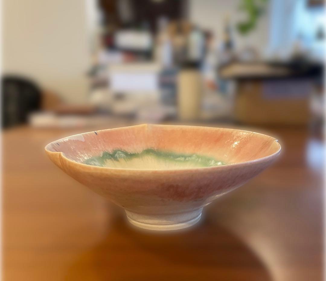 中園晋作さんの陶器のピンクと緑のボウル2個セット