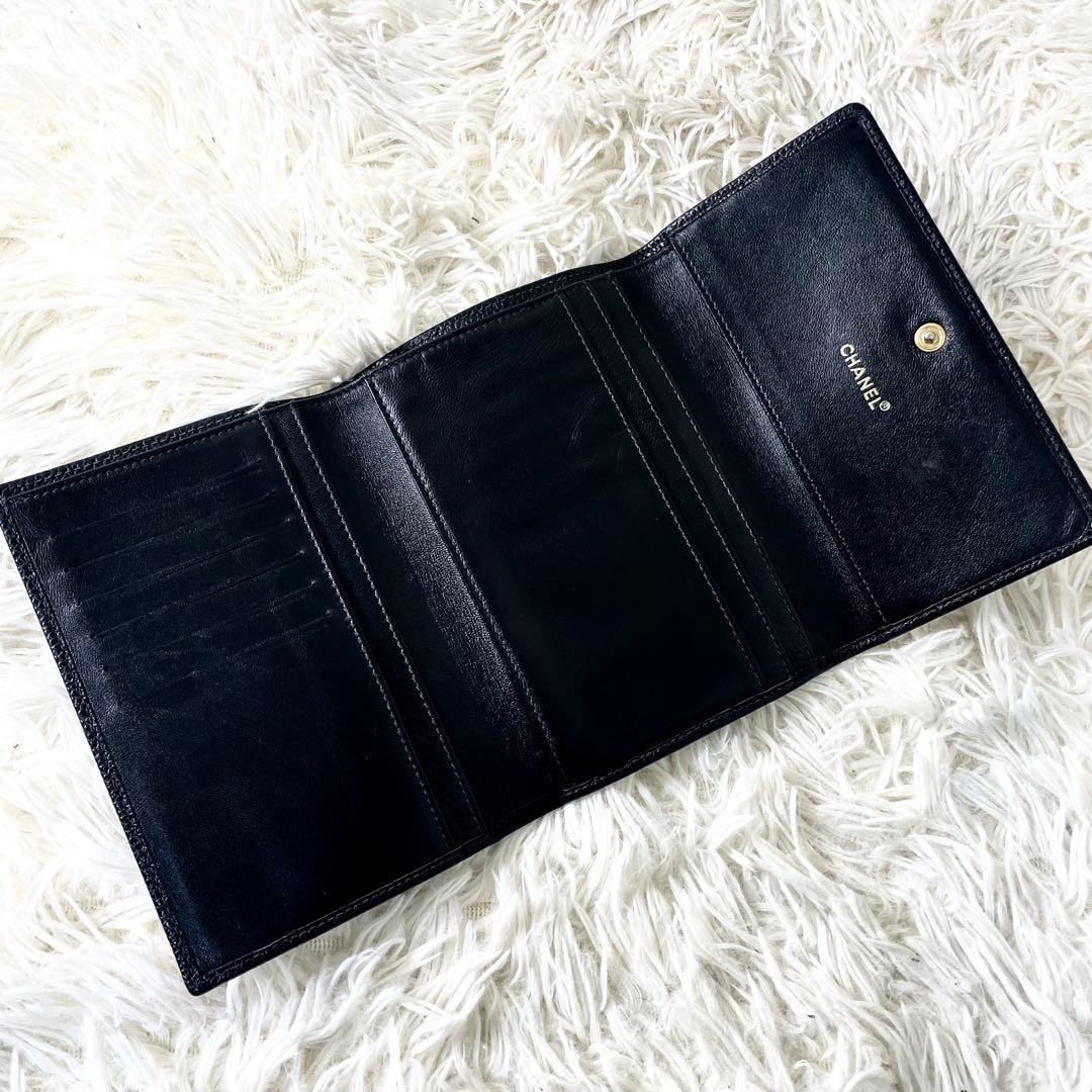 シャネル　CHANEL 三つ折り財布　ココマーク　ブラック　黒　レザー