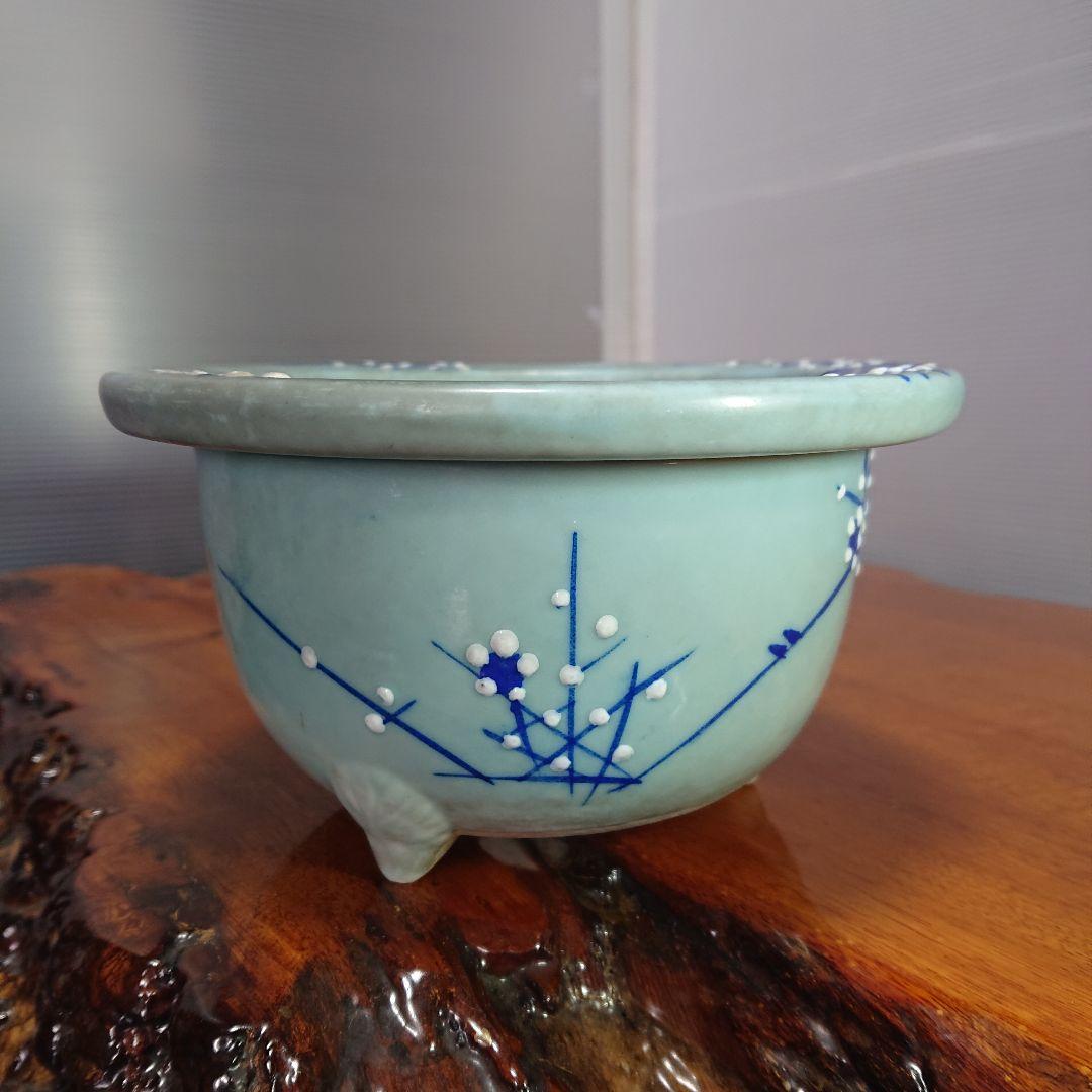 陶器製 青磁染付 梅図 尾張焼 瀬戸焼 三足 盆栽鉢 蘭鉢 bonsai