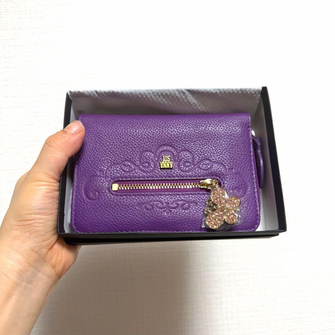 新品未使用 アナスイ 二つ折り財布 パープル 花柄内装