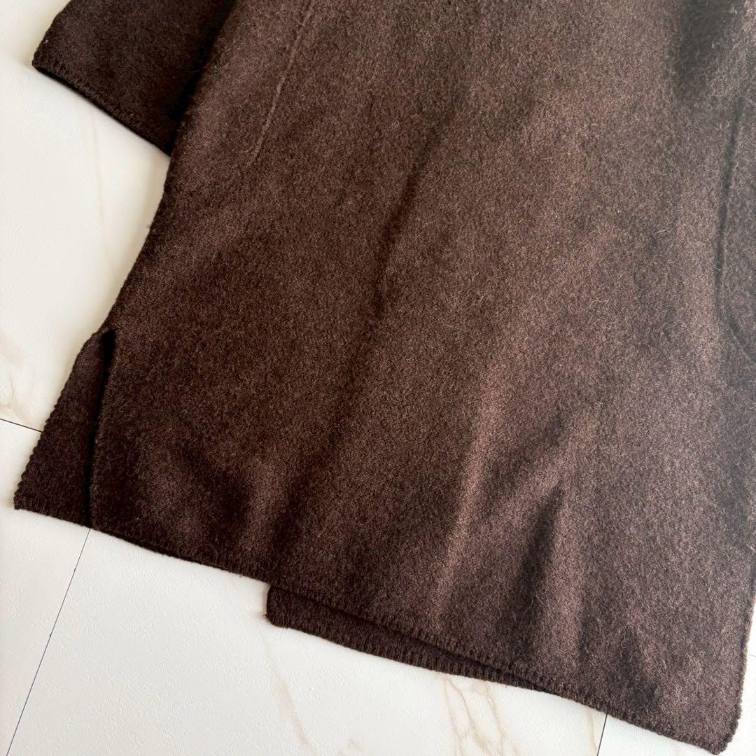 美品◆45R 縮絨ウール 圧縮 クルーネック ロング コート M 茶