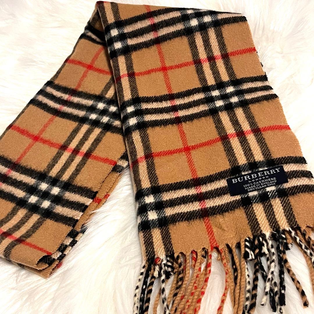 【美品】Burberry カシミヤ100% マフラー 英国製ノバチェックキャメル