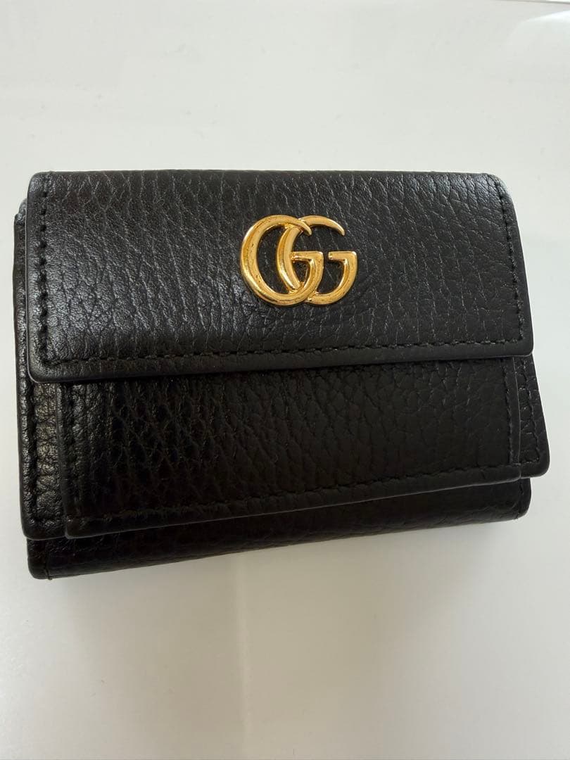 GUCCIグッチ 三つ折りミニ財布 GGマーモント レザー 黒