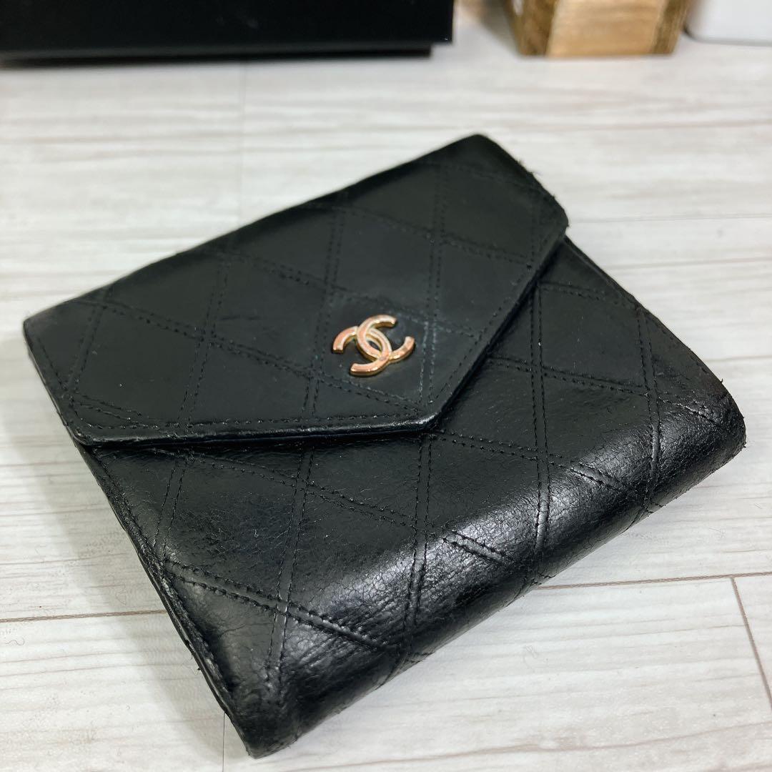 美品 CHANEL ビコローレ ココ Wホック 財布 ラムスキン ダブルステッチ
