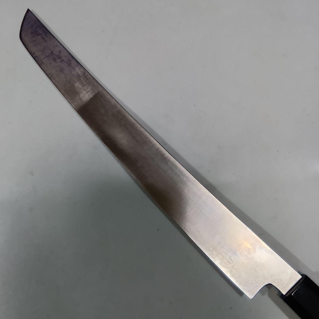 ステン本焼V金10号先丸柳刃包丁30cm黒水牛黒檀八角柄