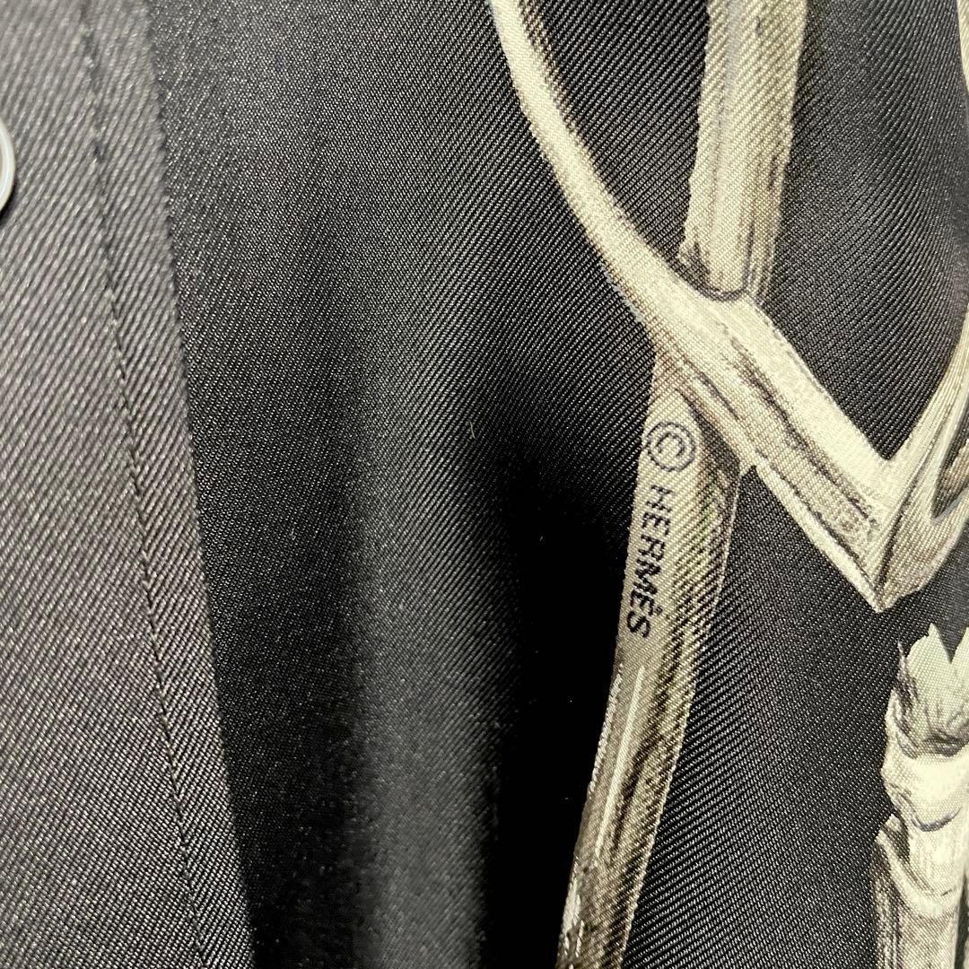 エルメス XS シルク100%スカーフ シャツワンピース 34 モノトーン 黒白