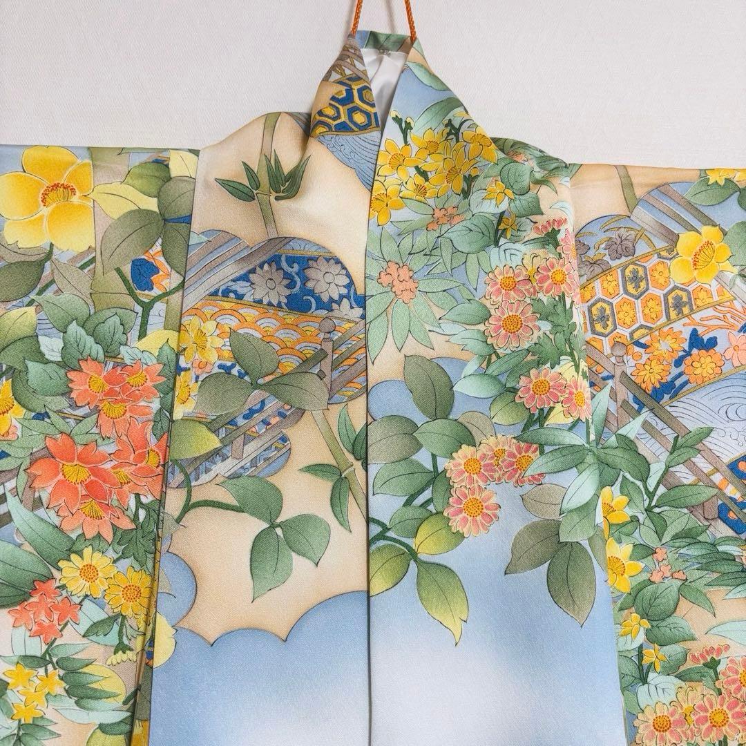 【振袖】 着物 袷 広衿 小振袖 橋 草花 模様 吉祥紋様 身丈約161cm