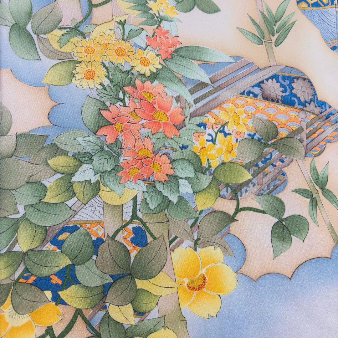 【振袖】 着物 袷 広衿 小振袖 橋 草花 模様 吉祥紋様 身丈約161cm