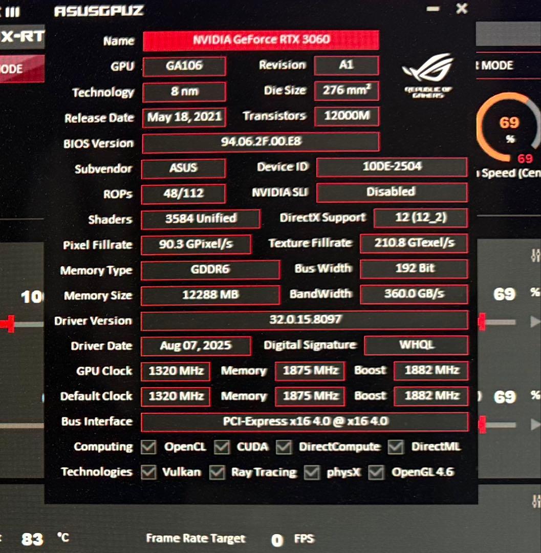 完動品ASUS ROG STRIX RTX3060 12GB高冷却大容量VRAM
