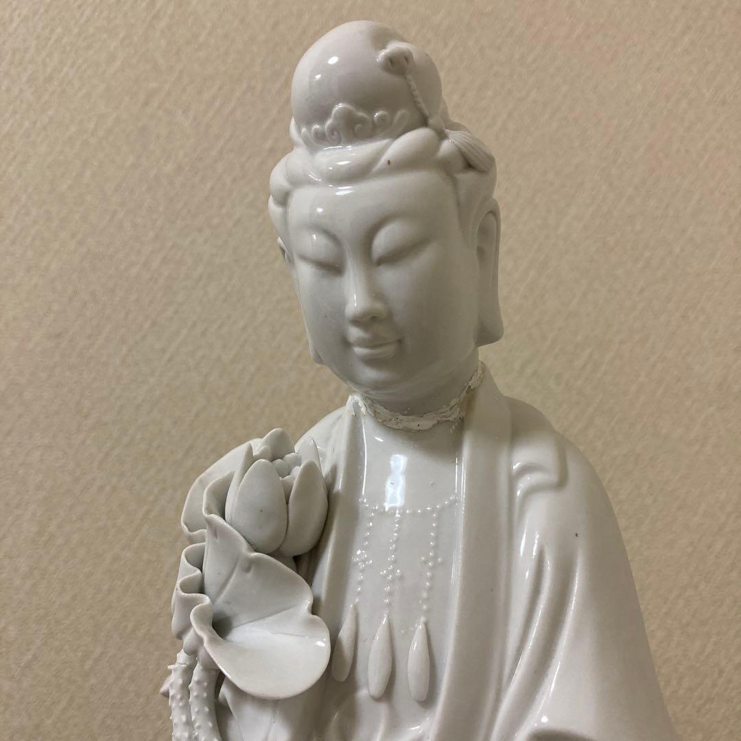 修復あり　中国美術　白磁　蓮上観音立像　置物　仏像〈検　徳化窯　観音菩薩　青磁