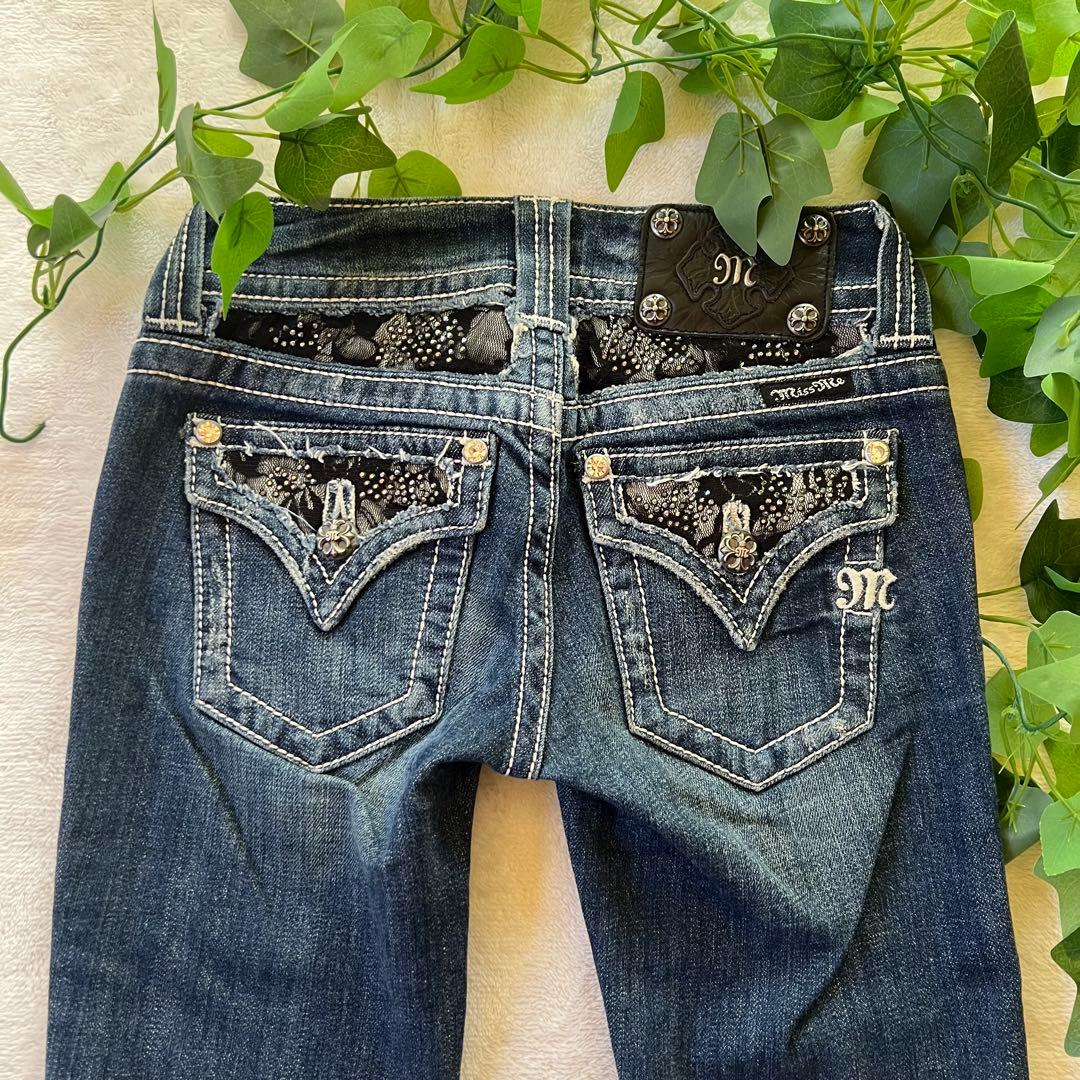 Miss Me ミスミー フレアデニム ブーツカット 刺繍 ラインストーン XS