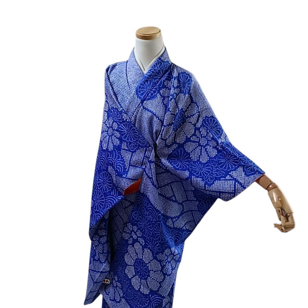 LULU37 着物 正絹 振袖 絞り 青 花柄