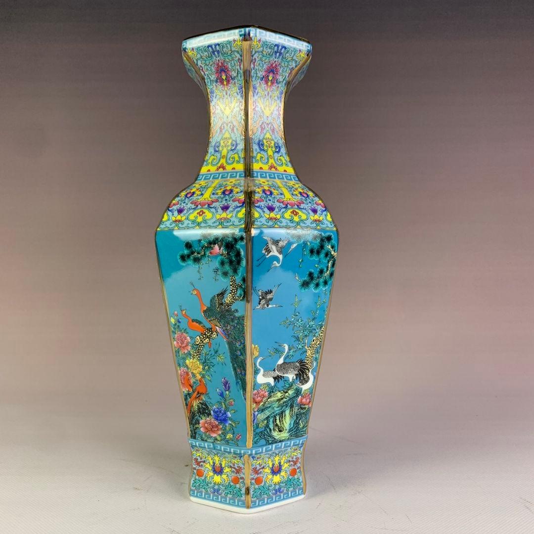 青地蒔絵花鳥六方瓶 景徳鎮 陶磁器 装飾品 現代工芸品 美術品 置物