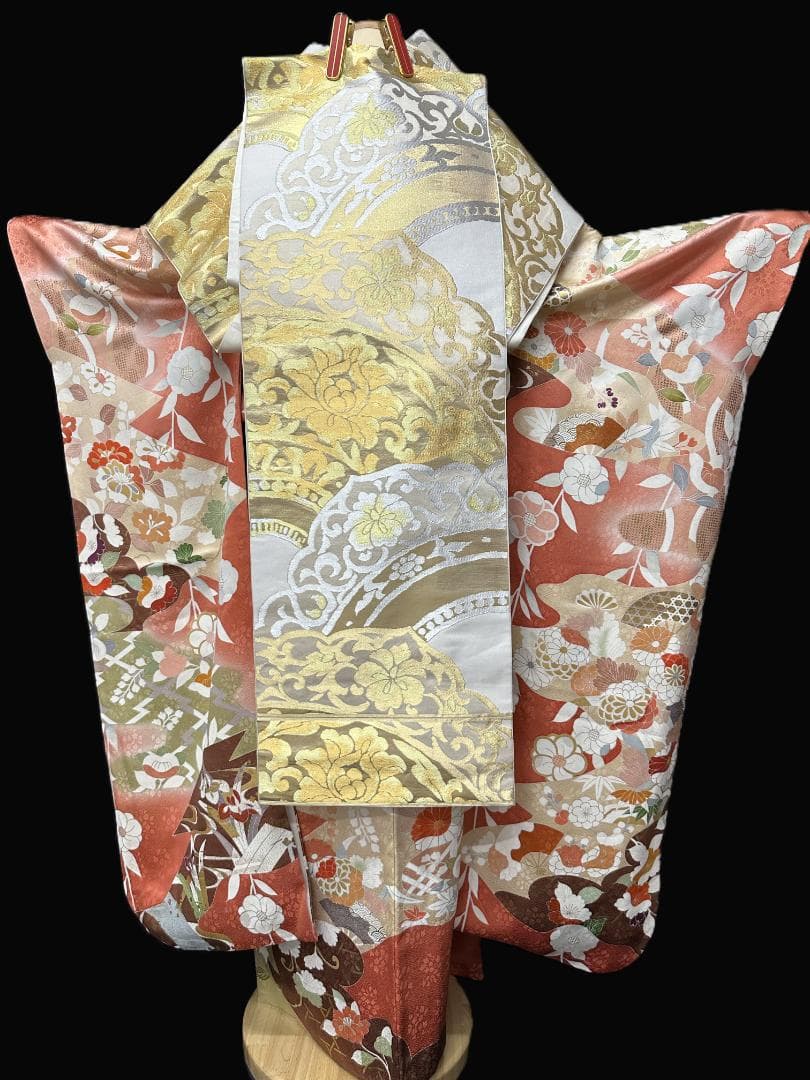 京友禅 オレンジ地 染め分け 四季の花 金駒刺繍 川島織物袋帯フルセット