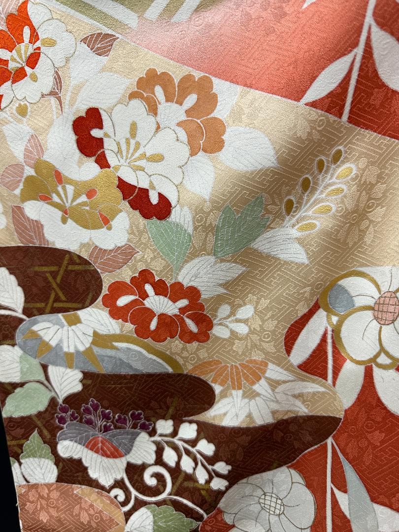 京友禅 オレンジ地 染め分け 四季の花 金駒刺繍 川島織物袋帯フルセット