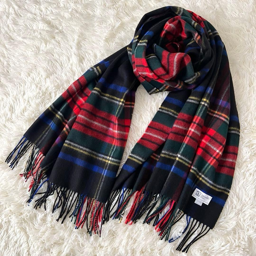 【美品】ジョンストンズ ブラックスチュアート 大判 ストール カシミヤ100%