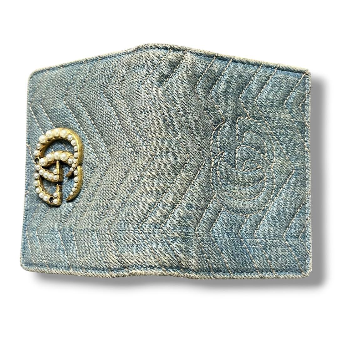 良品 GUCCI マーモント パール デニム GG 財布 折財布 ウォレット