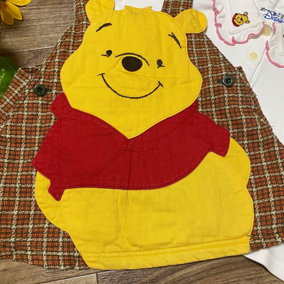 希少 ディズニー大きいプーさんチェック柄のワンピースブラウスセーラー95-100