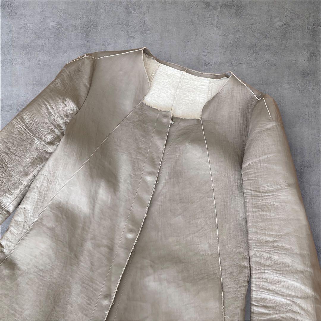 EMPORIO ARMANI ノーカラー 切替 ラムレザー ロングコート