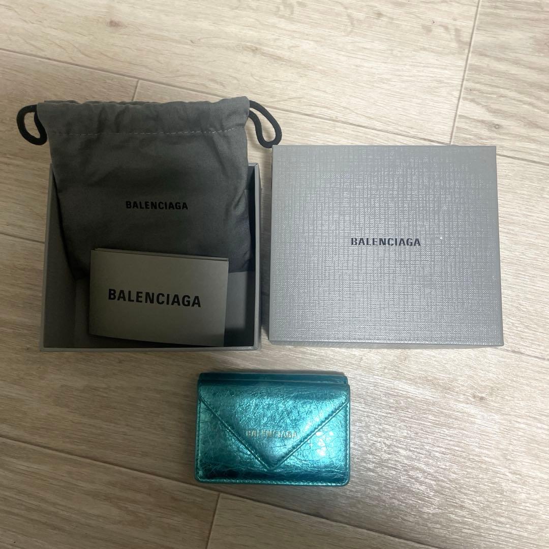 箱付 BALENCIAGA ペーパー ミニウォレット 三つ折り財布 レザー