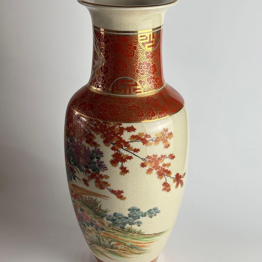 九谷焼 明陶窯 豪華 金彩 紅葉 孔雀鳥花紋絵図 花瓶 高さ約48cm 花器
