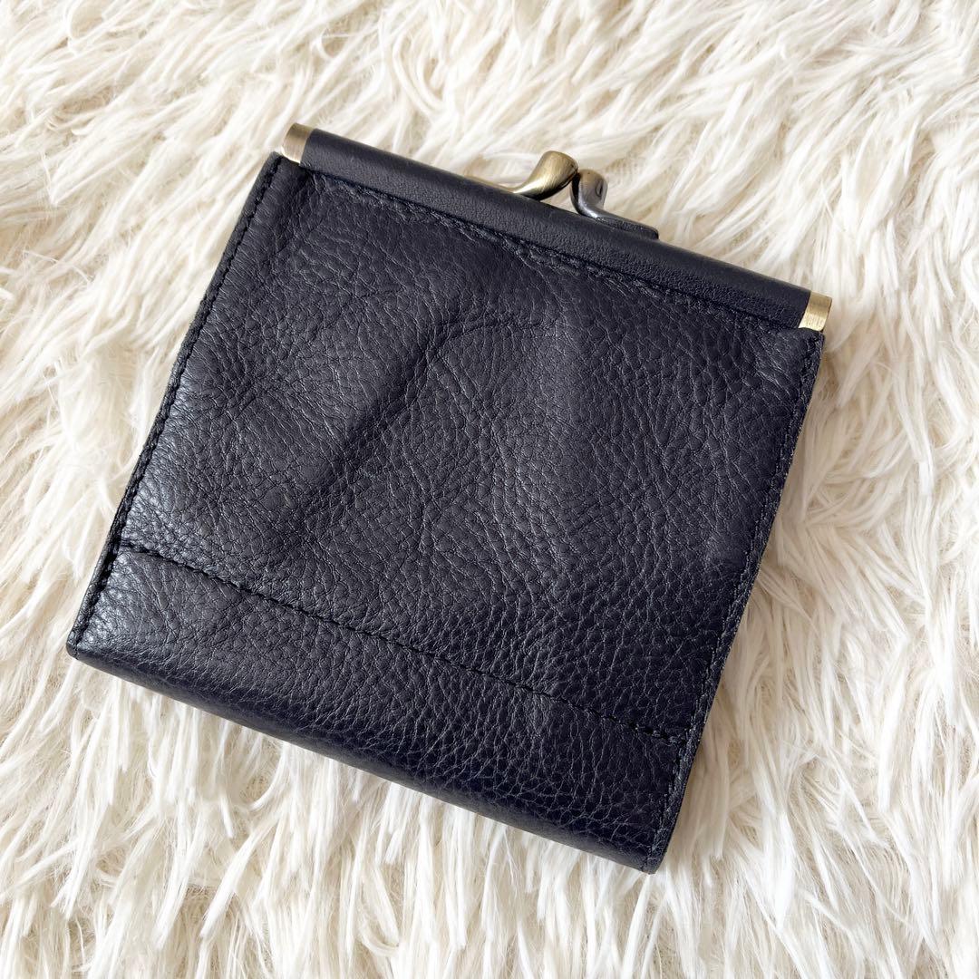 未使用級✨　IL BISONTE　がま口　三つ折り財布　ネイビー　レザー