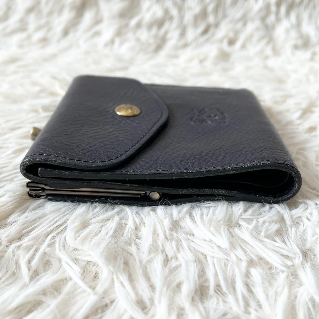 未使用級✨　IL BISONTE　がま口　三つ折り財布　ネイビー　レザー