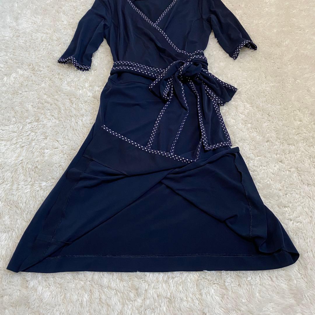 Kayme ケイミー　ドット　カシュクール　ワンピース　リボン　ネイビー