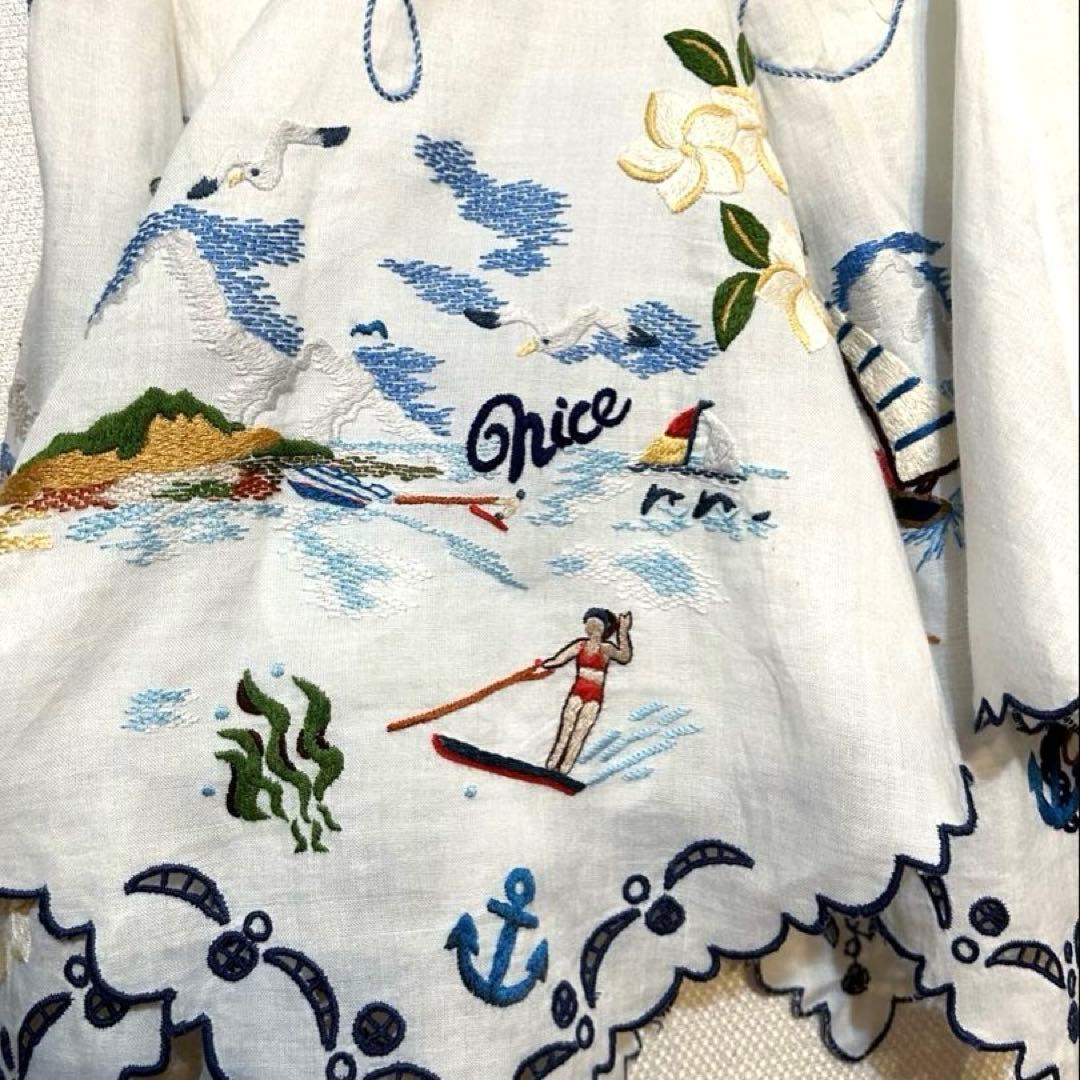 ケイタマルヤマ 刺繍 フレアスカート リネン バカンス リゾート 海 スカラップ